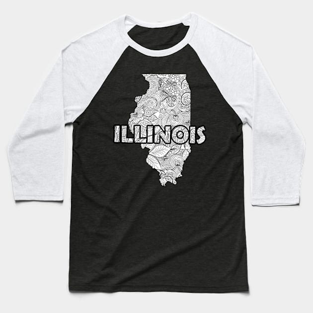 Mandala art map of Illinois with text in white Baseball T-Shirt by Happy Citizen